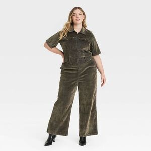 Universal Thread - Women's Holiday Short Sleeve Flocked Denim Jumpsui Olive